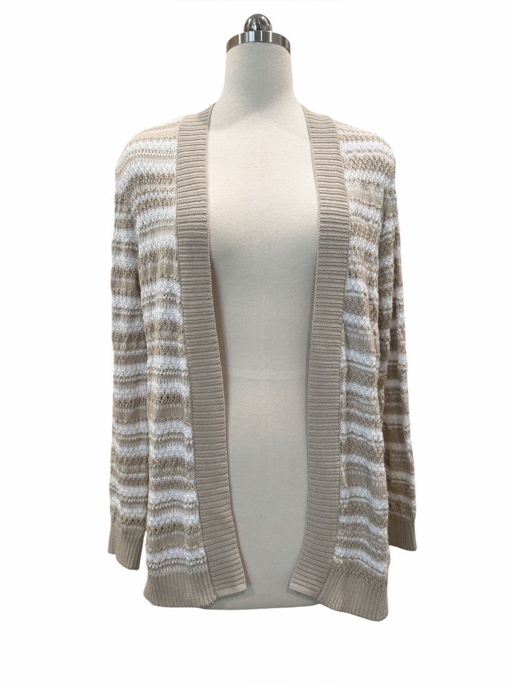 Jones New York Textured Stripe Open Front Cardigan Natural Stone Tan White S NEW - Picture 6 of 15